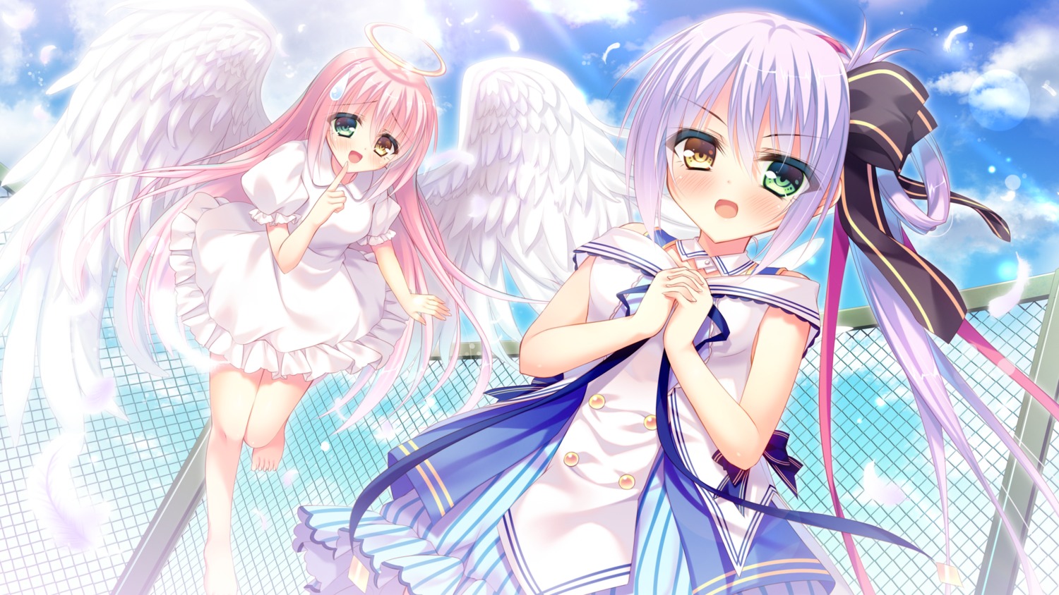 angel dress game_cg heterochromia love_love_sisters pajamas_ex rokudou_itsuki rurikarakusa_akari rurikarakusa_hikari seifuku wings