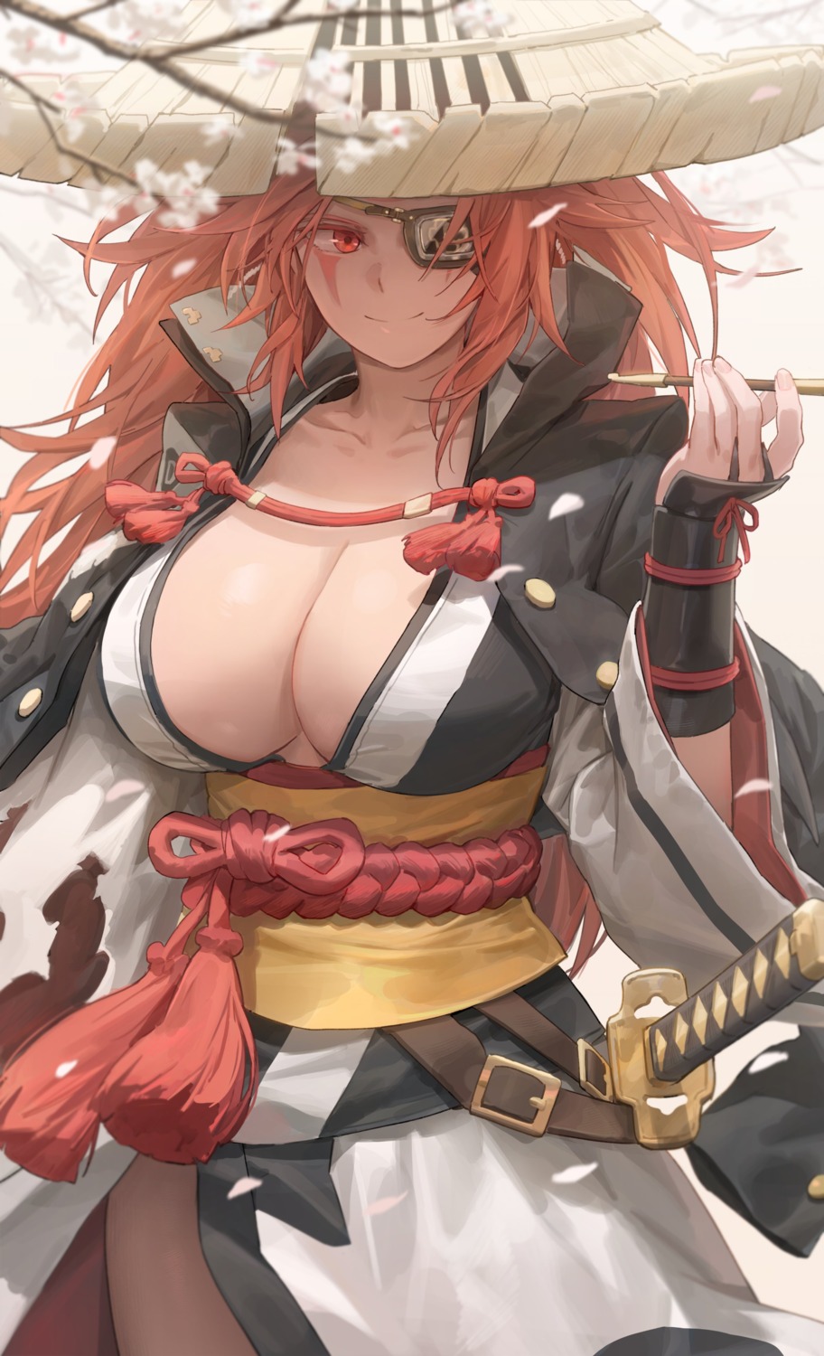 cleavage free_style_(yohan1754) japanese_clothes no_bra open_shirt sword