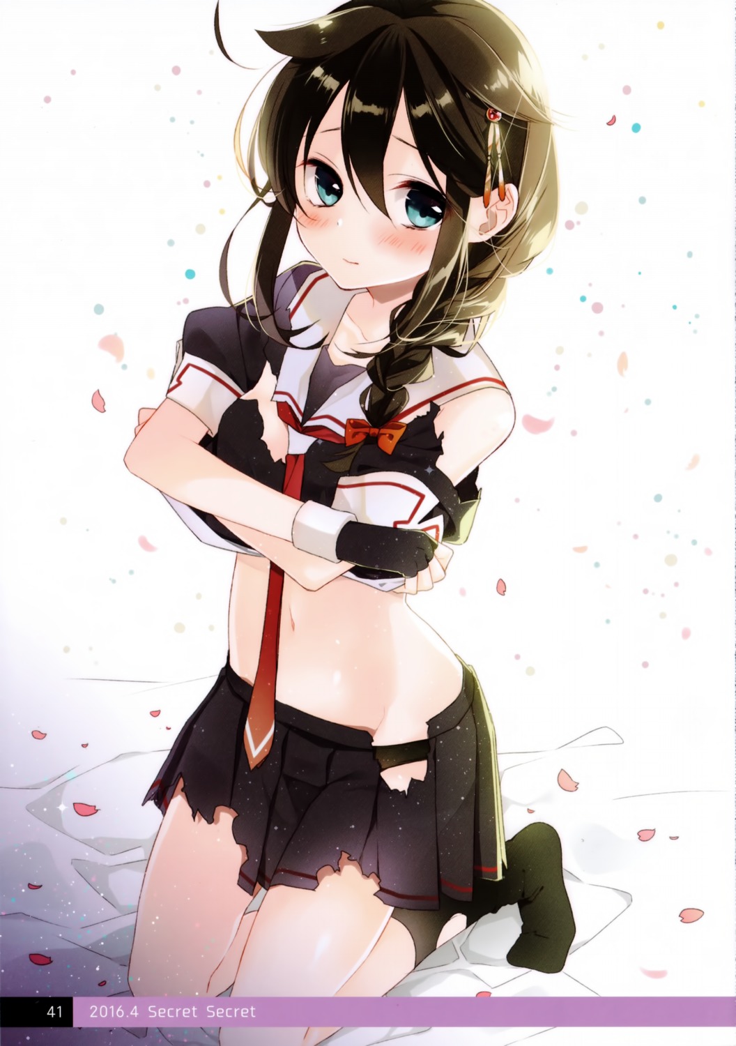 kantai_collection moni naoto pantsu seifuku shigure_(kancolle) shirt_lift torn_clothes undressing