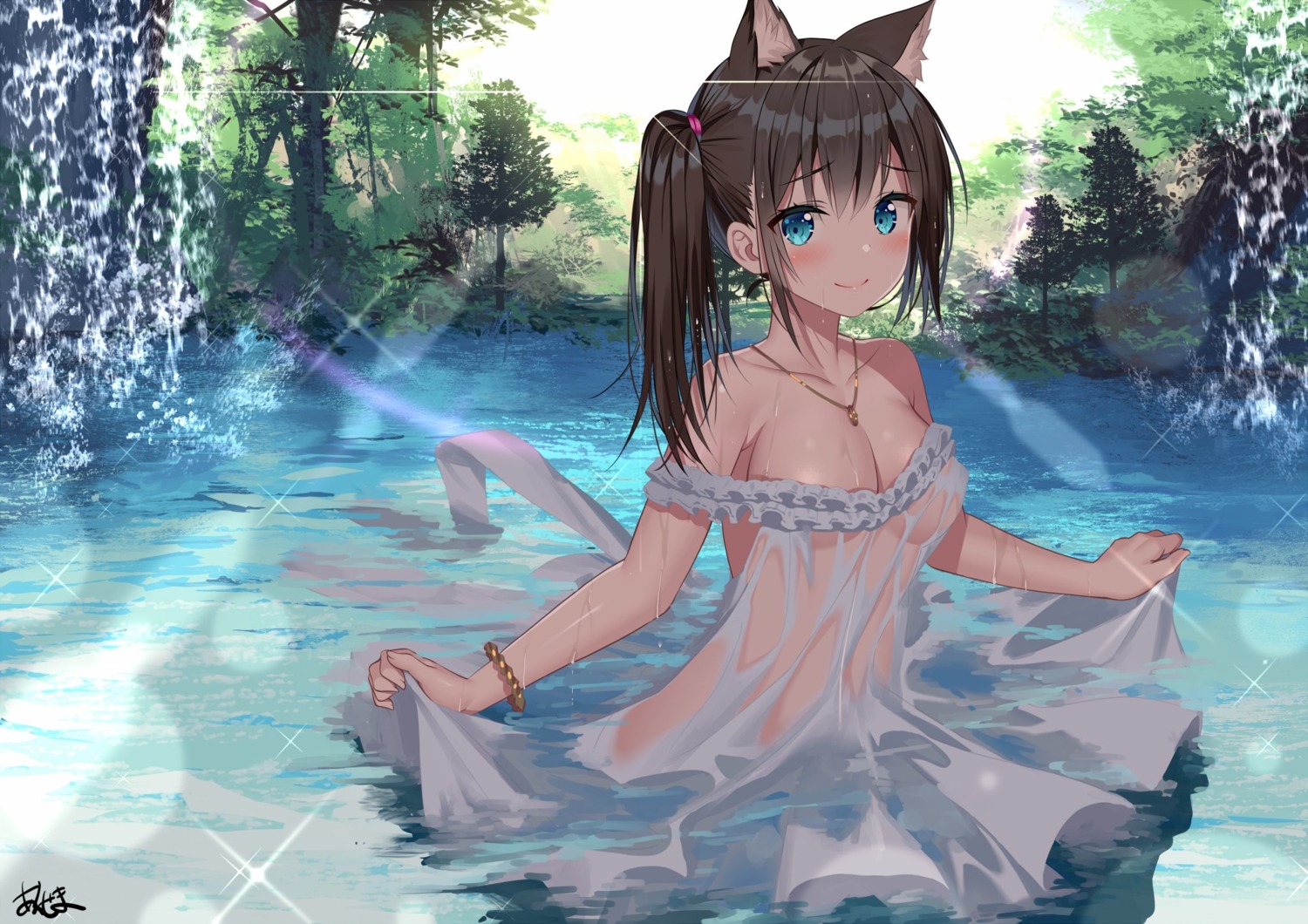 akusema animal_ears cleavage dress no_bra see_through skirt_lift summer_dress wet wet_clothes