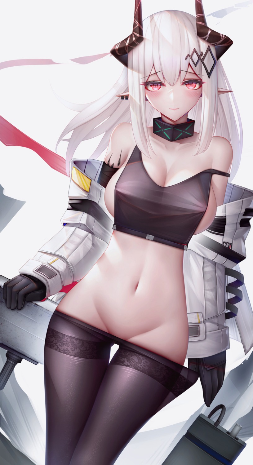 arknights artist_revision horns mudrock_(arknights) nipples no_bra nopan pantyhose pointy_ears see_through undressing zhixue