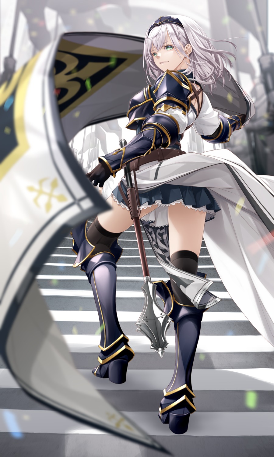 armor fenrir_(fenlil0316) heels hololive shirogane_noel skirt_lift thighhighs weapon