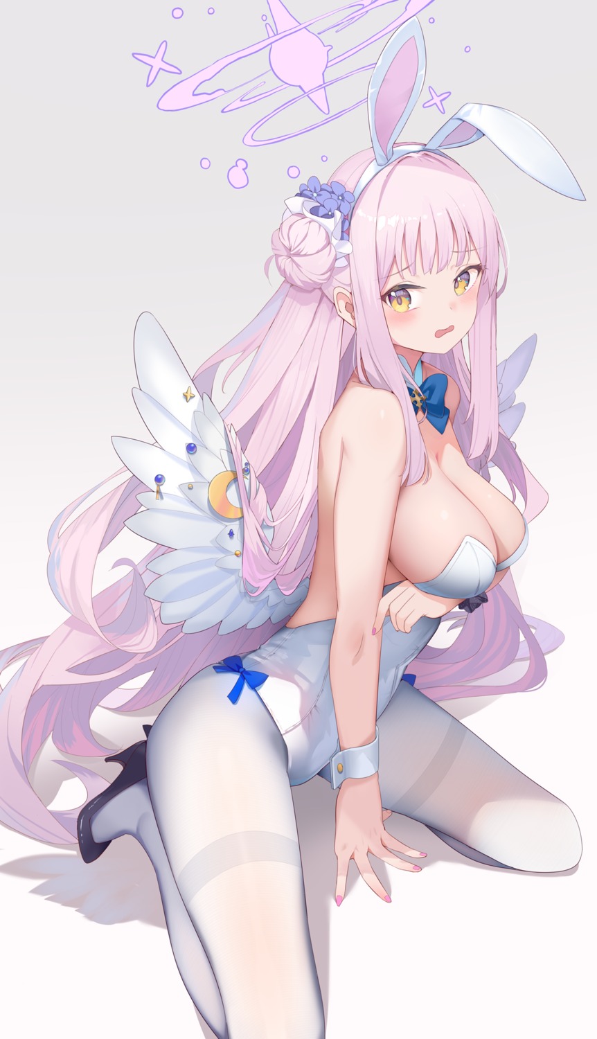 angel animal_ears blue_archive breast_hold bunny_ears bunny_girl heels hukahire0120 misono_mika no_bra pantyhose wings