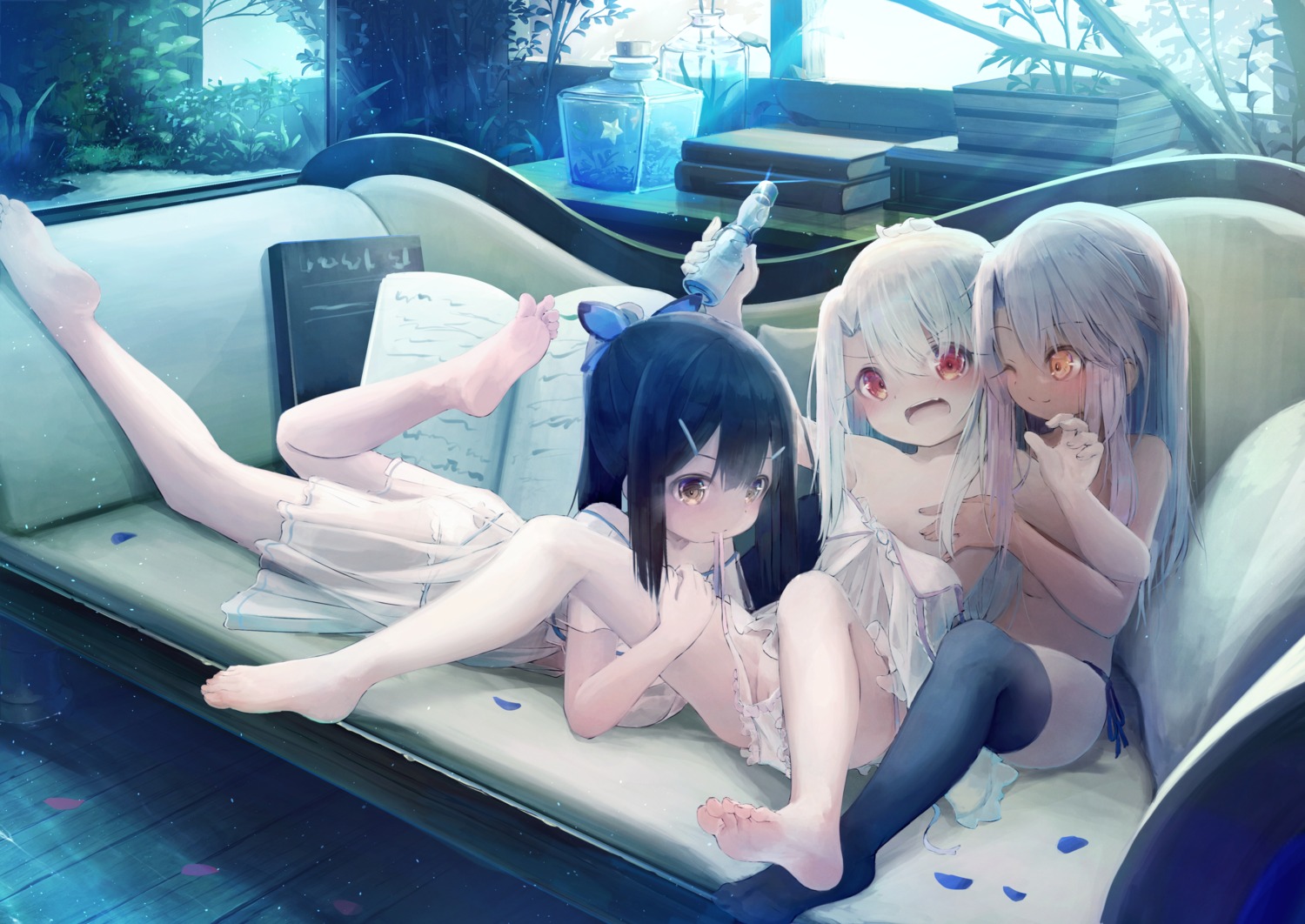 breast_hold chloe_von_einzbern fate/kaleid_liner_prisma_illya fate/stay_night feet illyasviel_von_einzbern lingerie loli miyu_edelfelt no_bra pantsu panty_pull pussy see_through thighhighs topless undressing utatanecocoa yuri