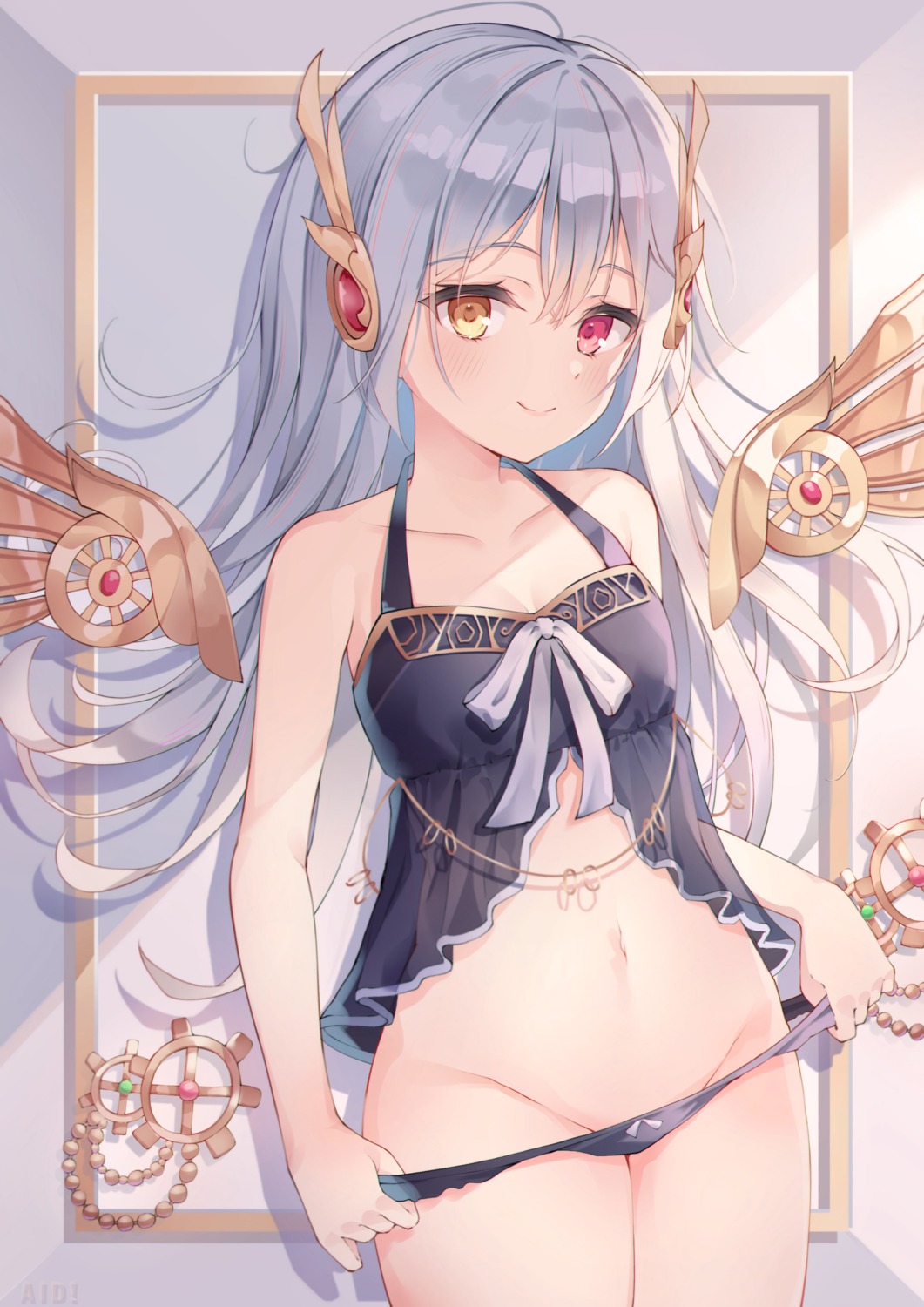 aid! heterochromia lingerie pantsu panty_pull see_through undressing wings