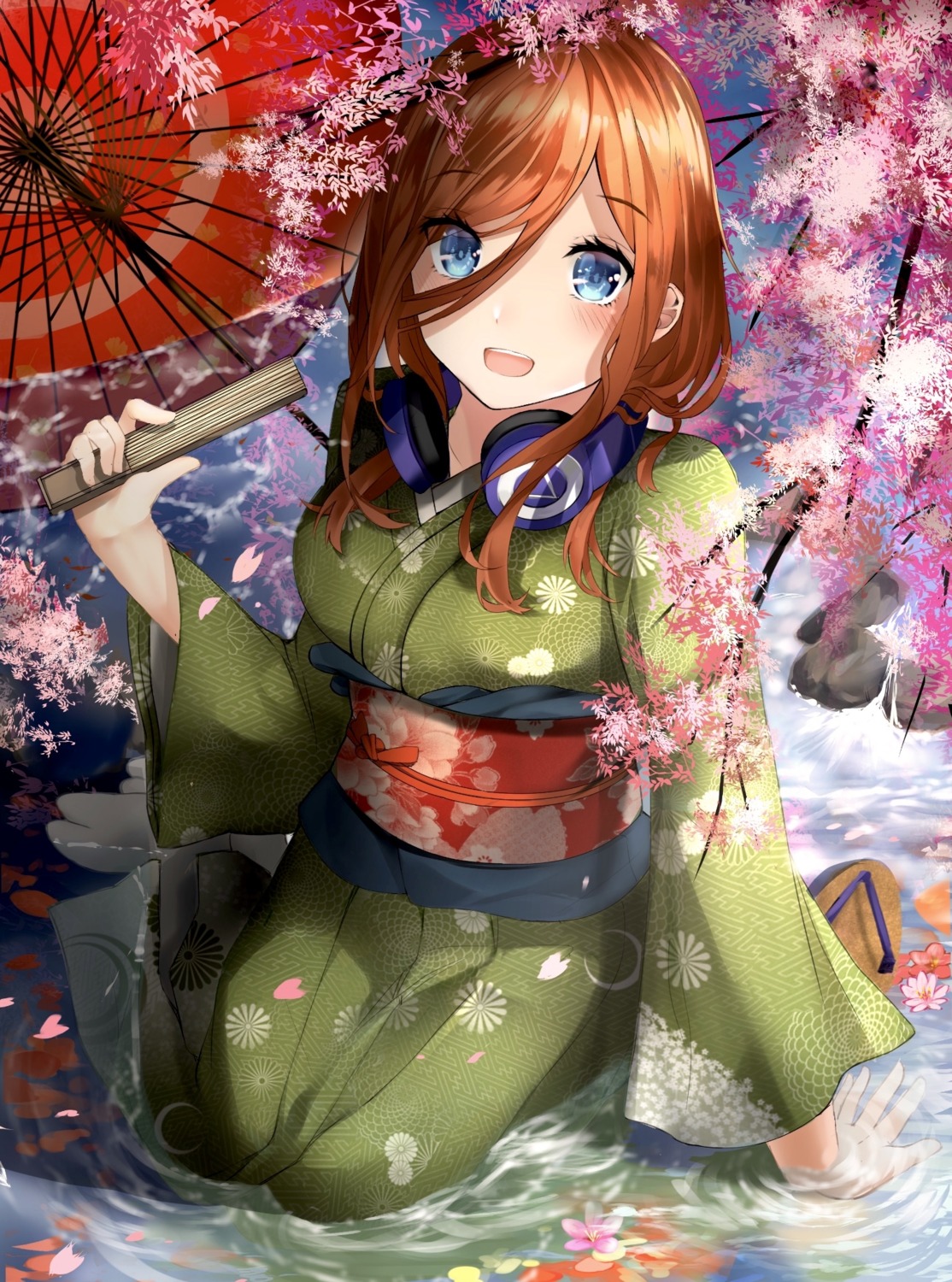 5-toubun_no_hanayome headphones kimono nakano_miku shiranui_(nisioisin_sinob) wet