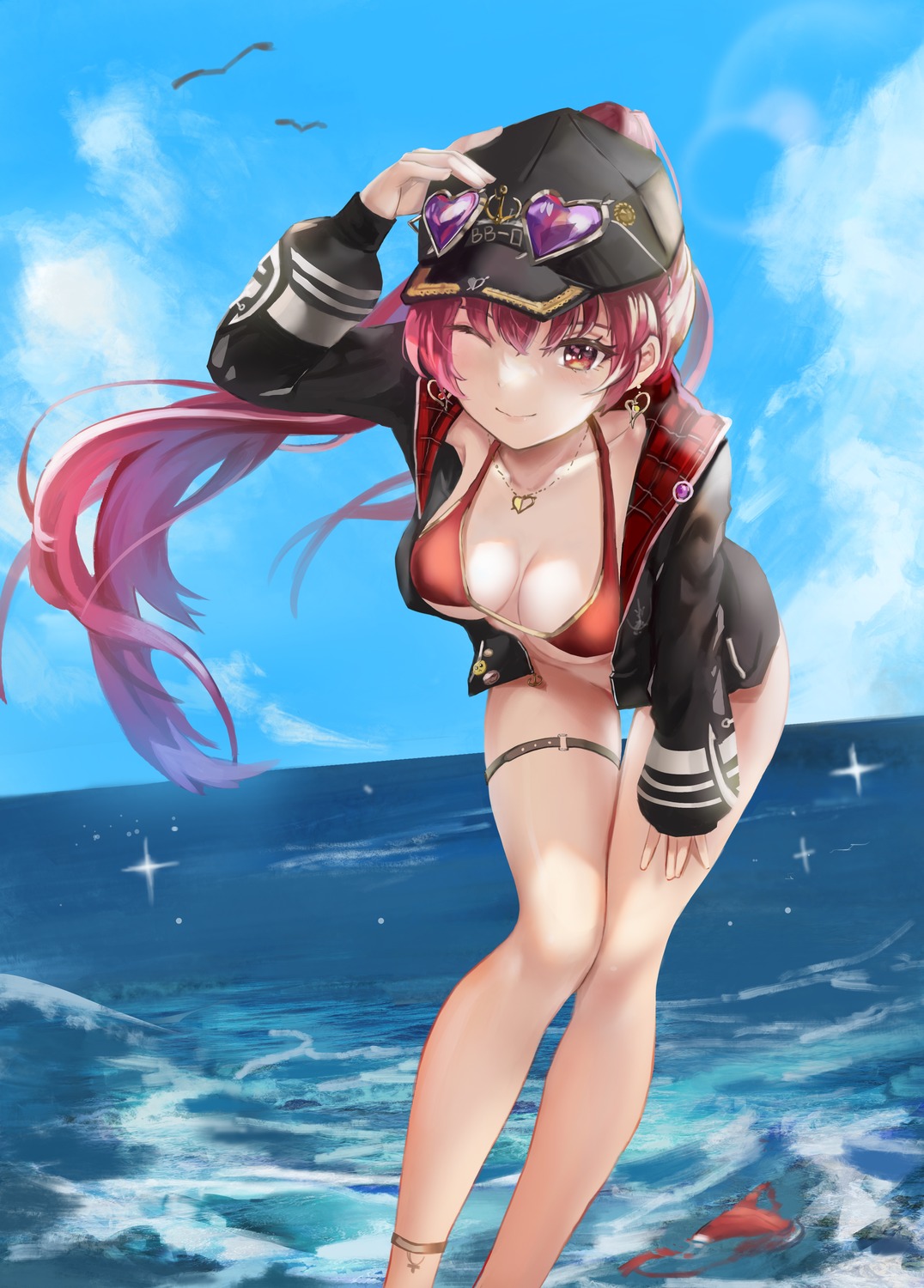 bikini_top bottomless garter hololive houshou_marine megane open_shirt ria_(garyhuang39) swimsuits