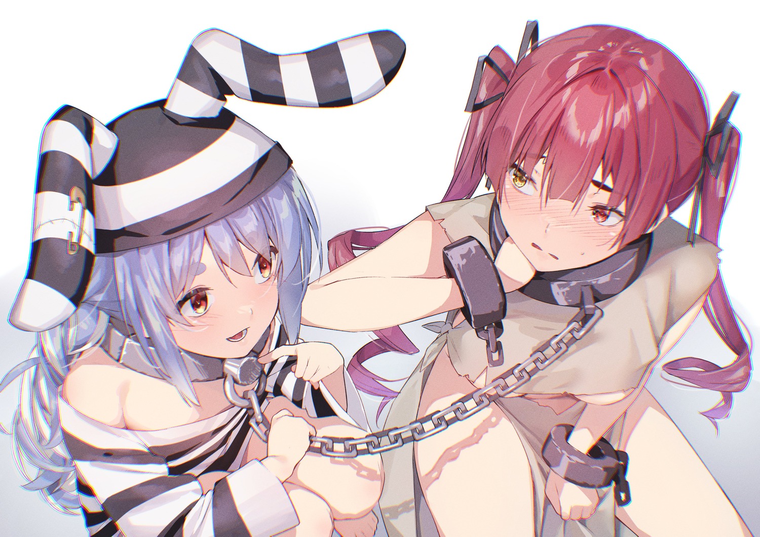 animal_ears bunny_ears heterochromia hololive houshou_marine koubou_(cowbow_kun) torn_clothes usada_pekora