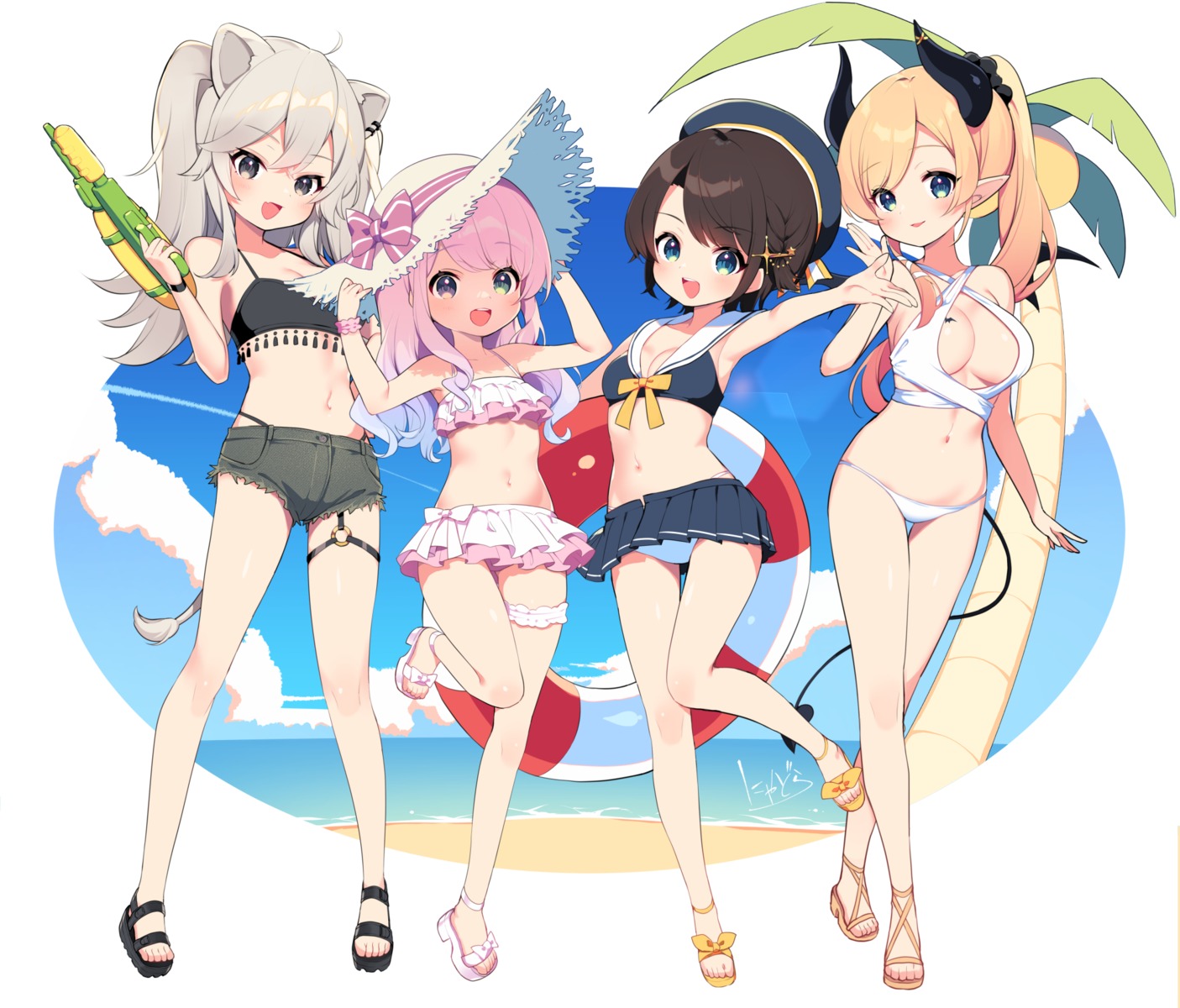 animal_ears bikini garter heterochromia himemori_luna hololive horns loli nyasunyadoora oozora_subaru pointy_ears shishiro_botan swimsuits tail tattoo yuzuki_choco