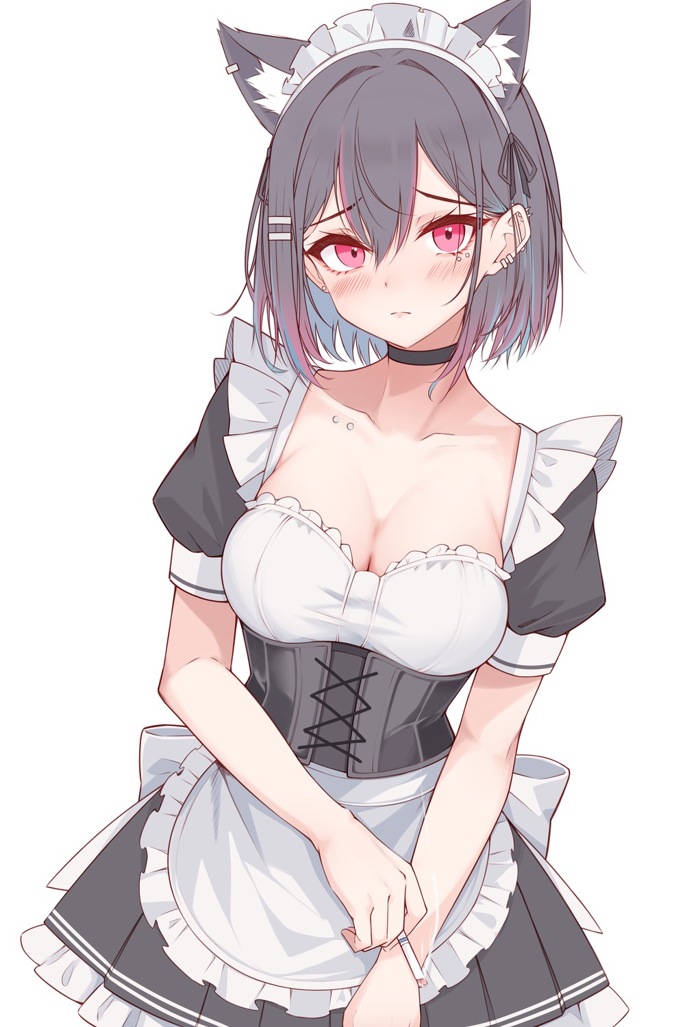 amaki_daisuke animal_ears cleavage maid nekomimi smoking