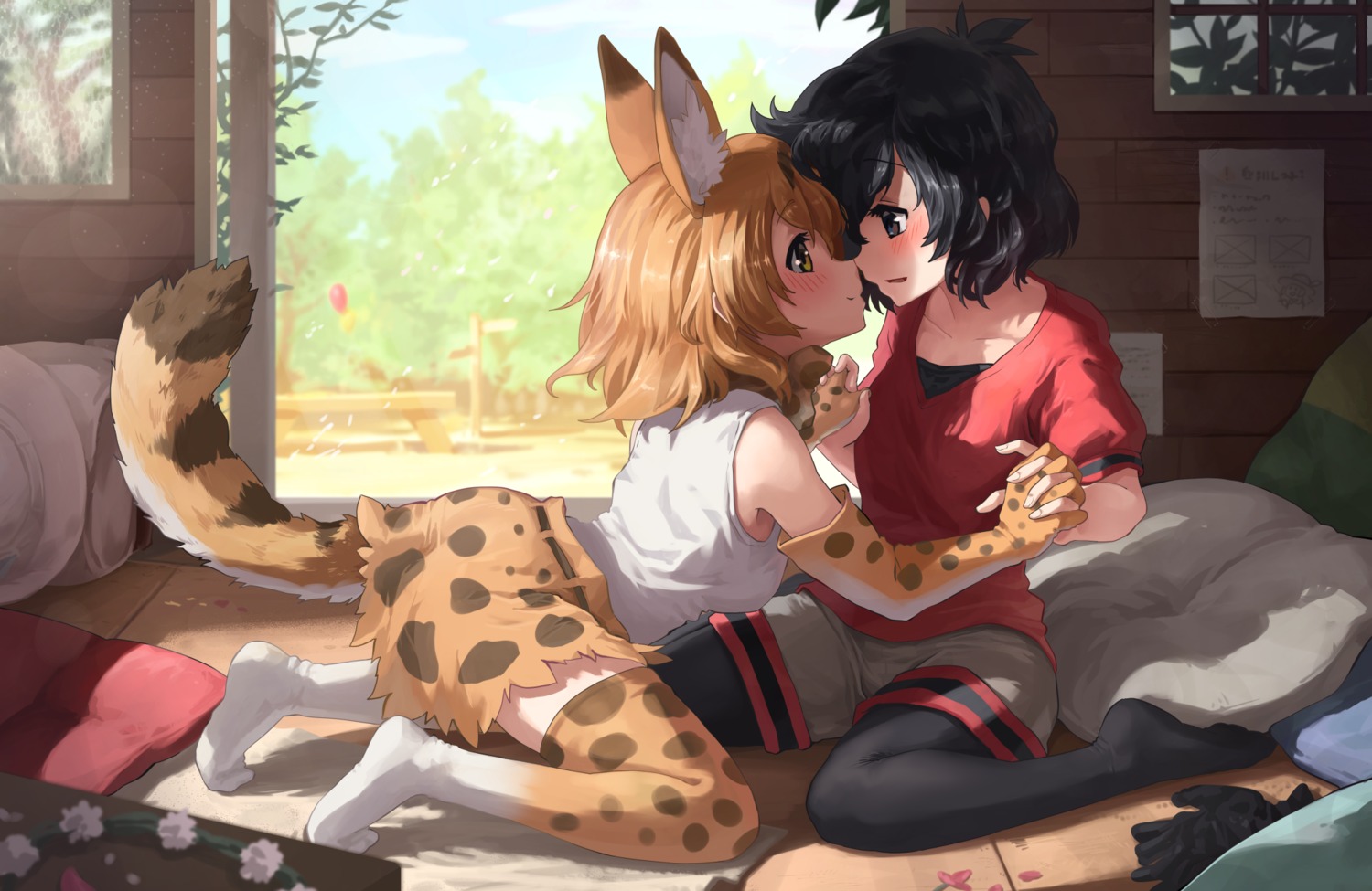 animal_ears kaban_(kemono_friends) kemono_friends melaton pantyhose serval skirt_lift tail thighhighs yuri