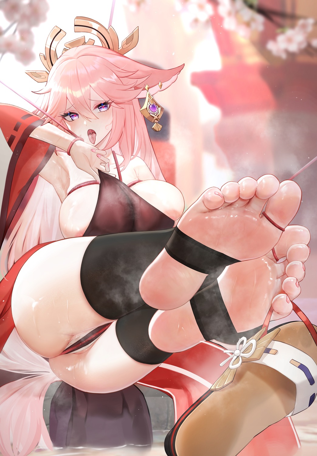 animal_ears areola feet genshin_impact japanese_clothes kitsune no_bra pantsu see_through tail thighhighs thong ursica yae_miko