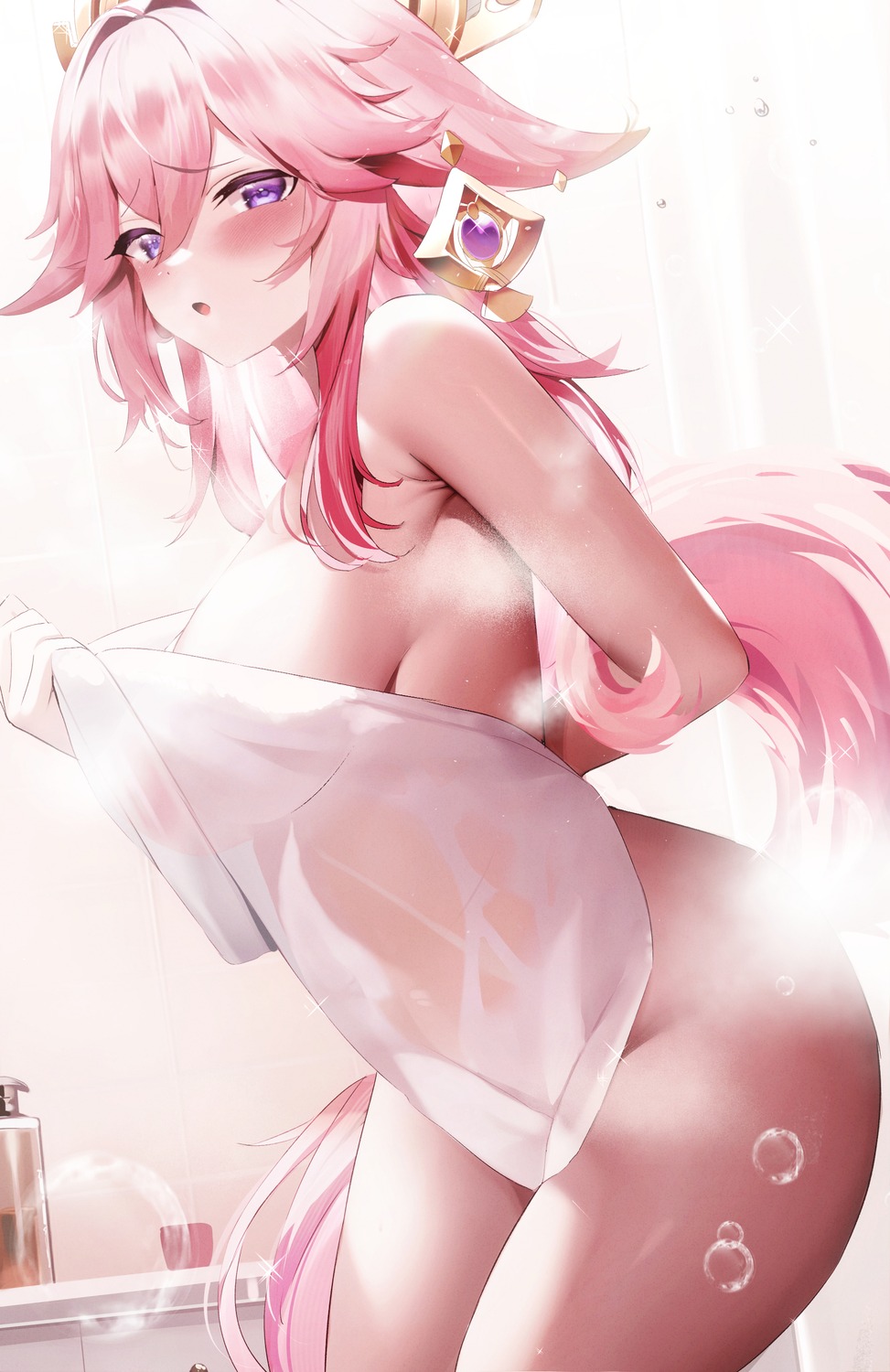 animal_ears fantongjun genshin_impact kitsune naked see_through towel yae_miko