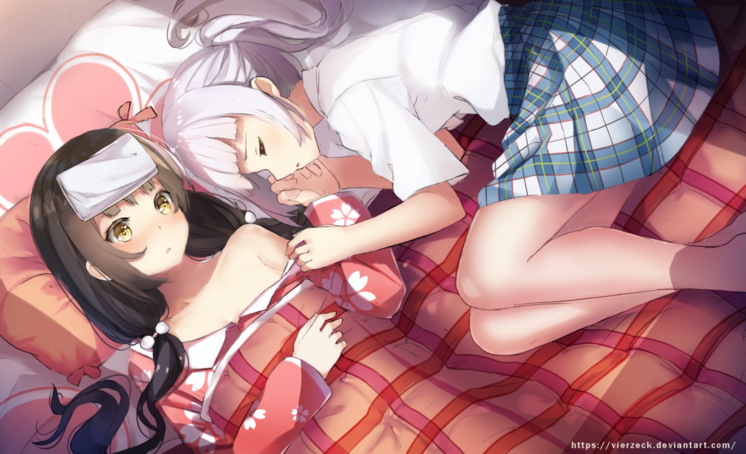 cleavage no_bra open_shirt pajama seifuku sheets skirt_lift vierzeck yuri