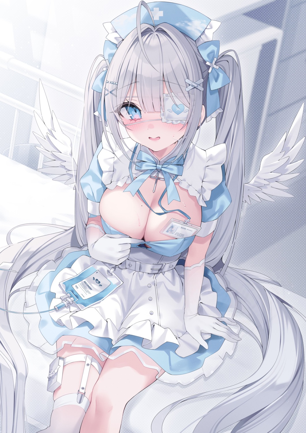 detexted eyepatch garter indie_virtual_youtuber koyoi_syuka no_bra nurse see_through shu_bii stockings thighhighs undressing wings