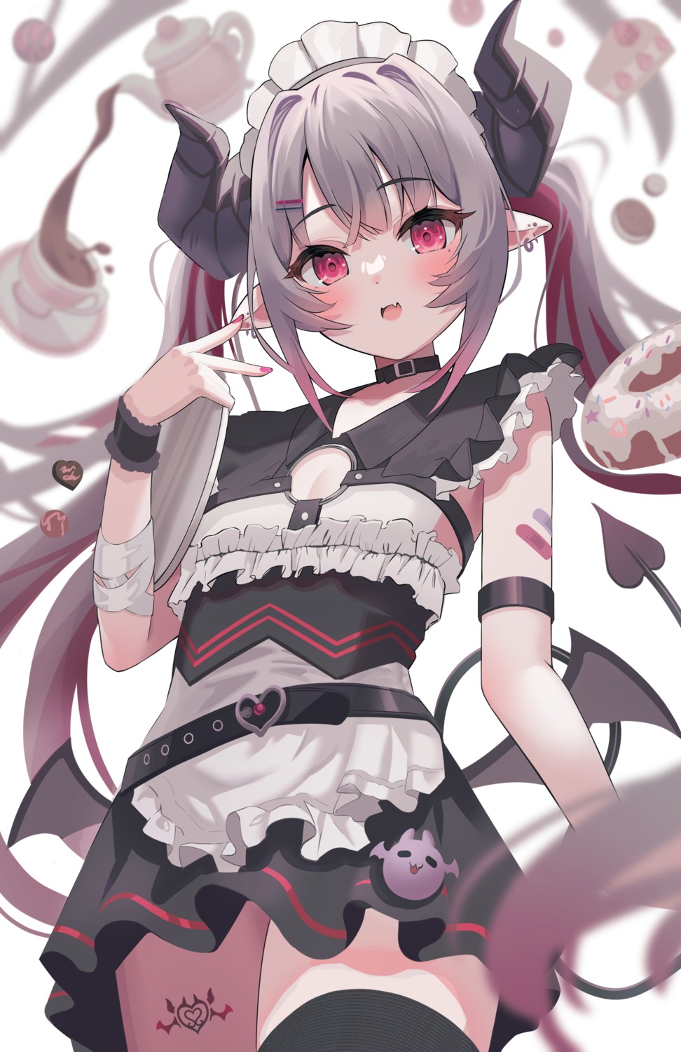 bandaid dodota horns maid pointy_ears tail tattoo thighhighs wings