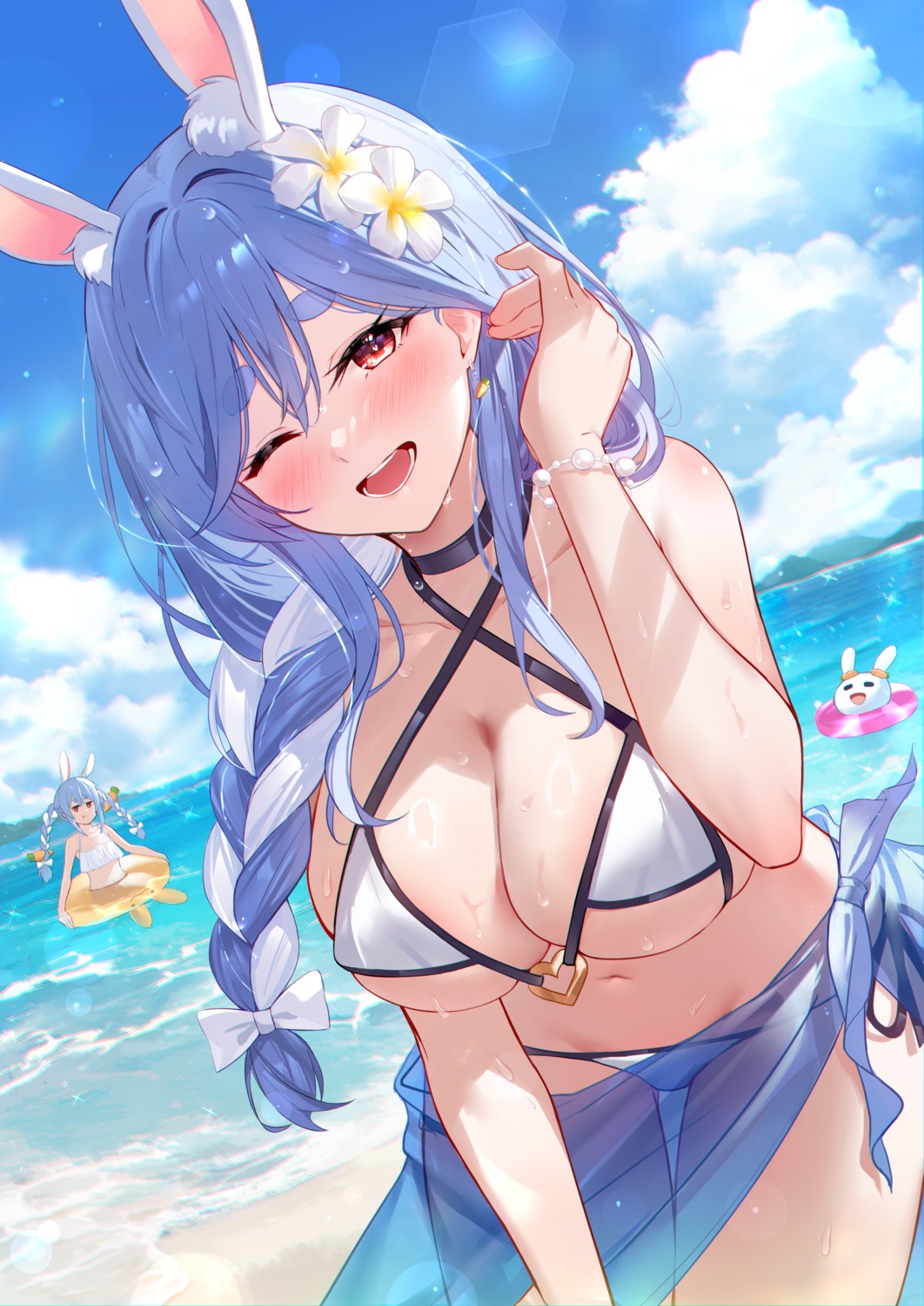 animal_ears bikini bikini_top black_fire bunny_ears hololive pekomama see_through swimsuits usada_pekora wet