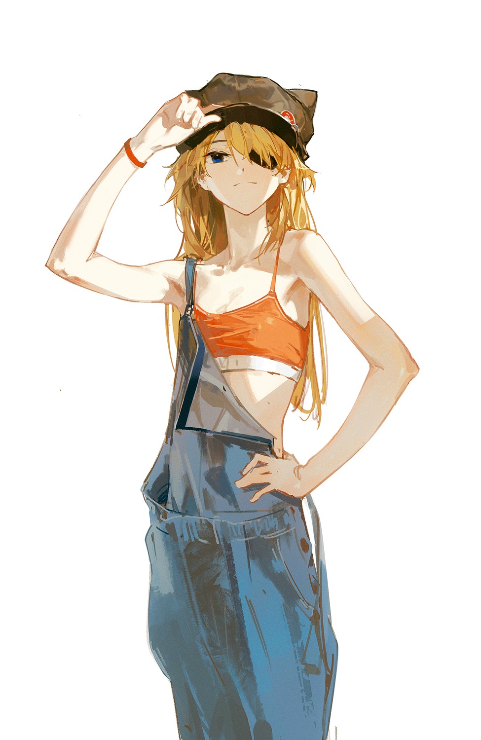 dinoartforame eyepatch neon_genesis_evangelion no_bra overalls sketch souryuu_asuka_langley