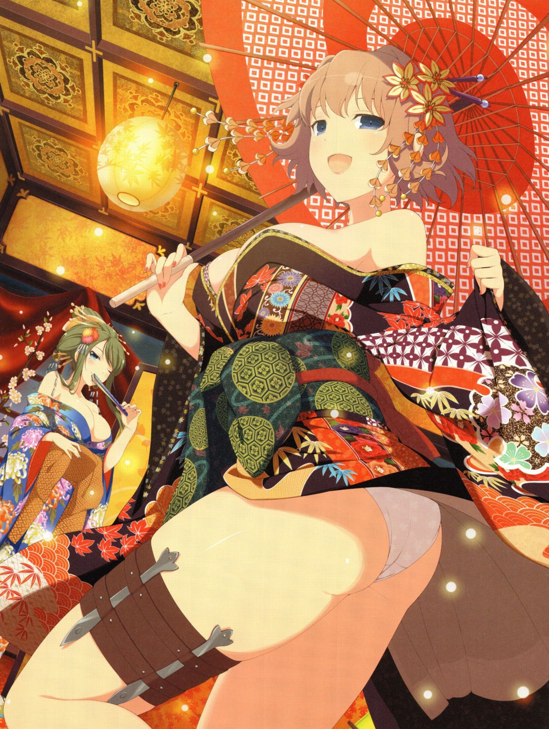 ass cleavage fuga_(senran_kagura) kimono kurohoro_(senran_kagura) open_shirt pantsu screening senran_kagura umbrella weapon yaegashi_nan
