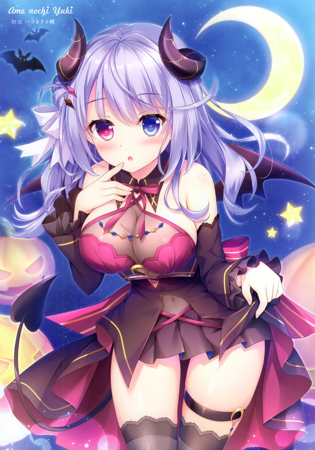 ame_nochi_yuki ameto_yuki garter haconect halloween heterochromia horns no_bra see_through skirt_lift stockings tail thighhighs wings yorumu_ruku