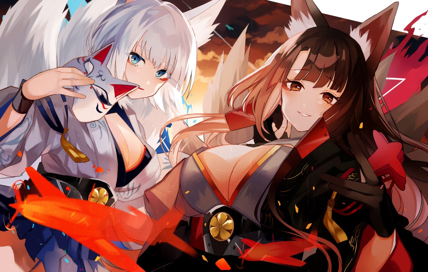 akagi_(azur_lane) animal_ears azur_lane cleavage japanese_clothes kaga_(azur_lane) kitsune pomu_(pomu_me) tail