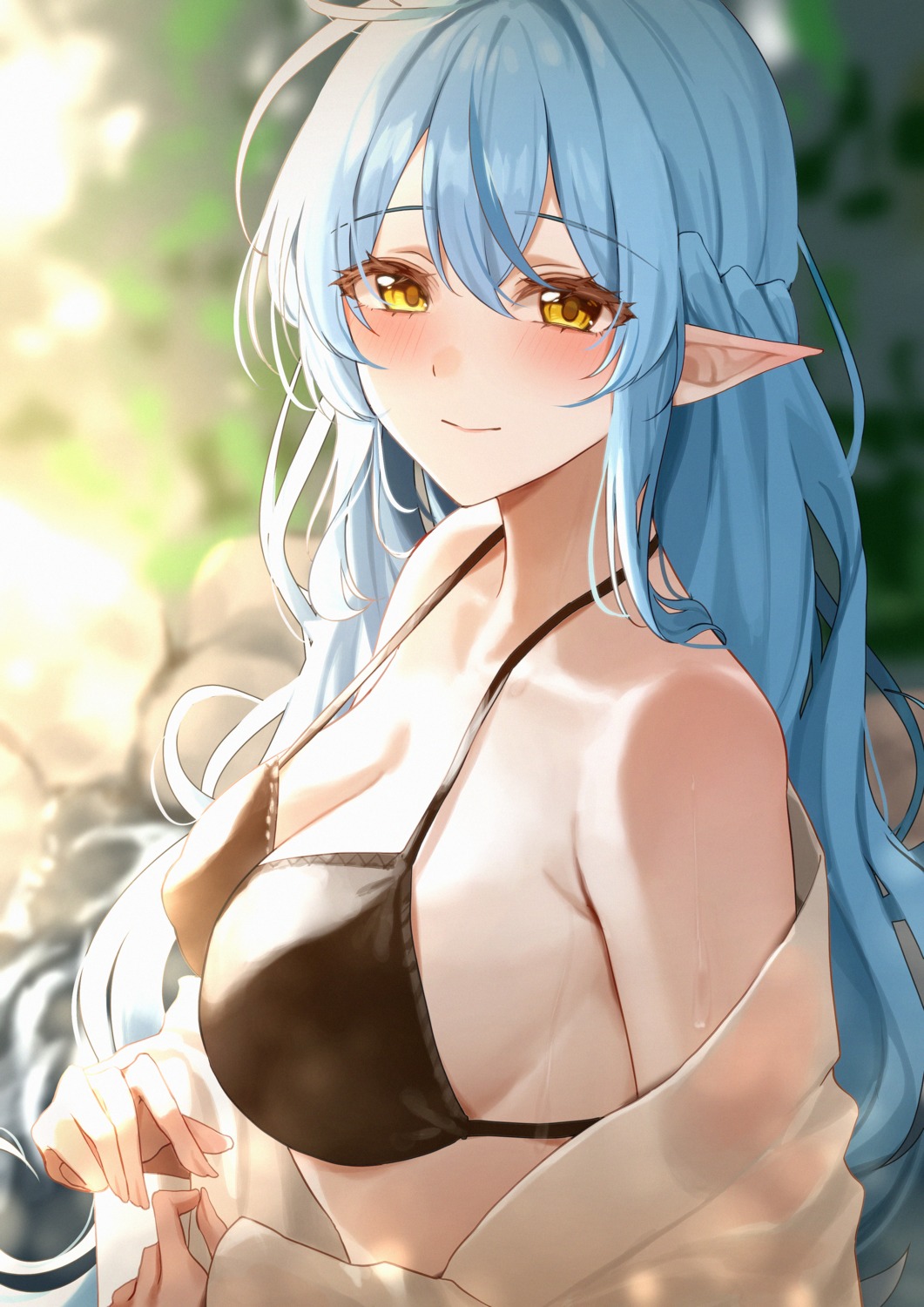 amyu_(amm_asl_pa) bikini_top cleavage elf erect_nipples hololive open_shirt pointy_ears see_through swimsuits yukihana_lamy