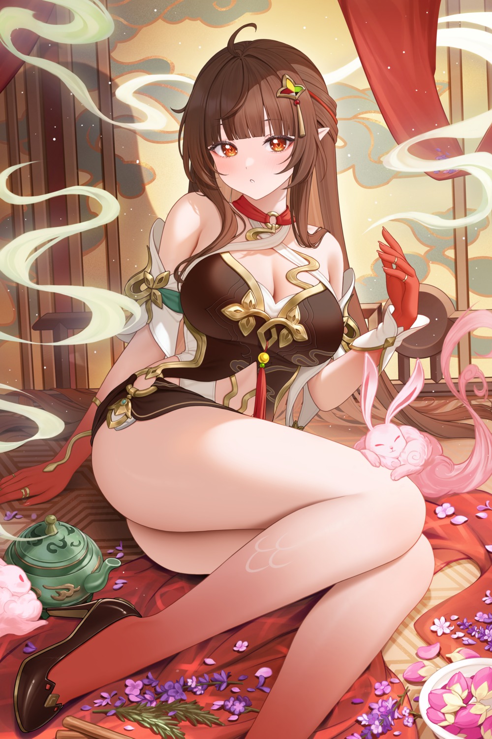 asian_clothes cleavage fukuro_ko_(greentea) heels honkai:_star_rail lingsha no_bra pointy_ears skirt_lift tattoo