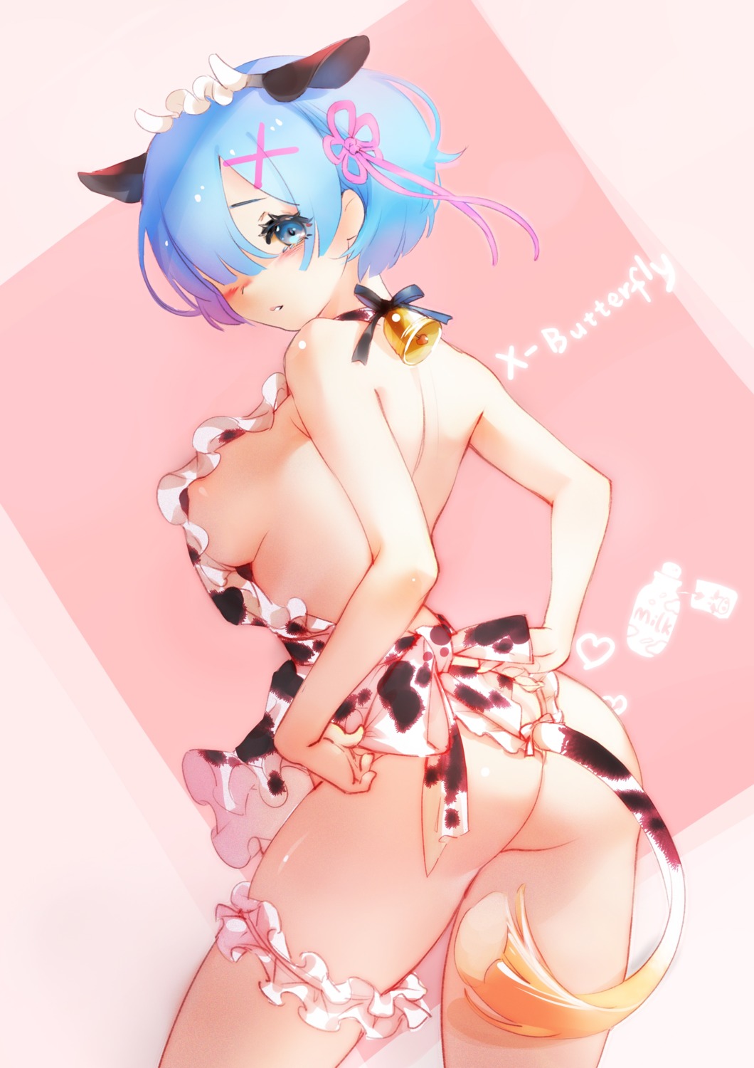 animal_ears areola horns naked_apron re_zero_kara_hajimeru_isekai_seikatsu rem_(re_zero) tail x_butterfly