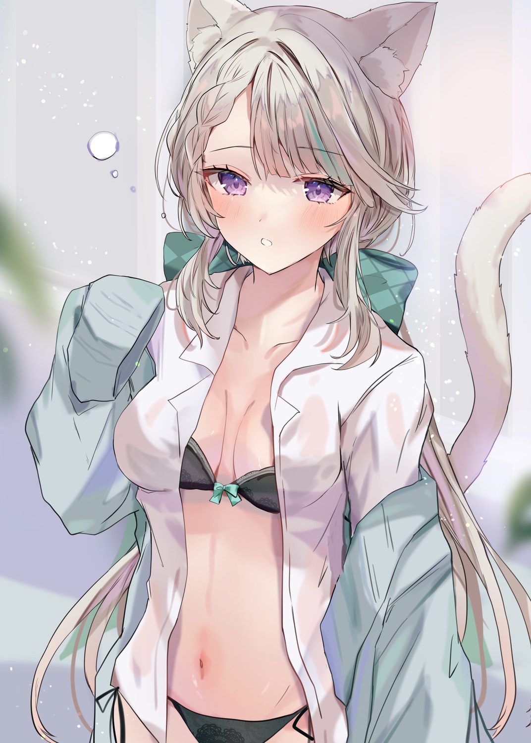 animal_ears bra dress_shirt genshin_impact lynette_(genshin_impact) maruro nekomimi open_shirt pantsu see_through string_panties sweater tail wet_clothes