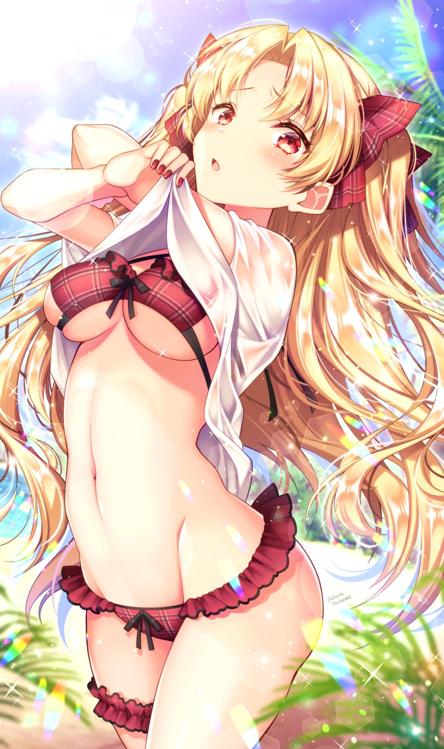 bikini ereshkigal_(fate/grand_order) fate/grand_order garter sakura_tsubame shirt_lift swimsuits undressing wet_clothes