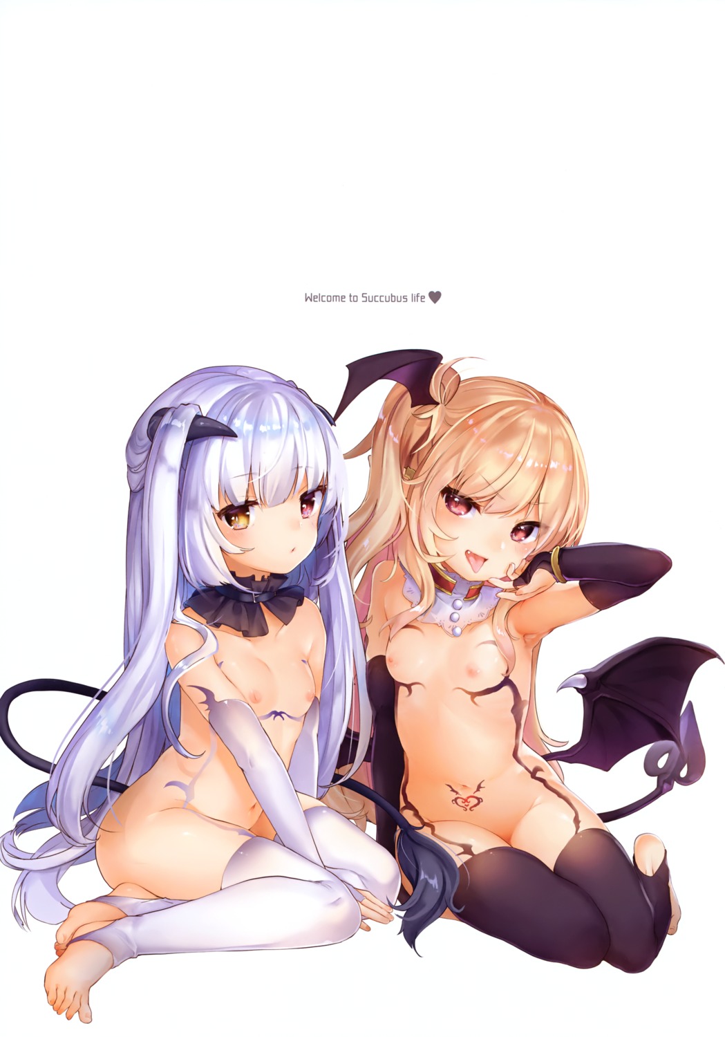 chloe_lilithtera heterochromia horns loli naked nipples pointy_ears tail tamano_kedama tattoo thighhighs tiffany_lilithtera wings