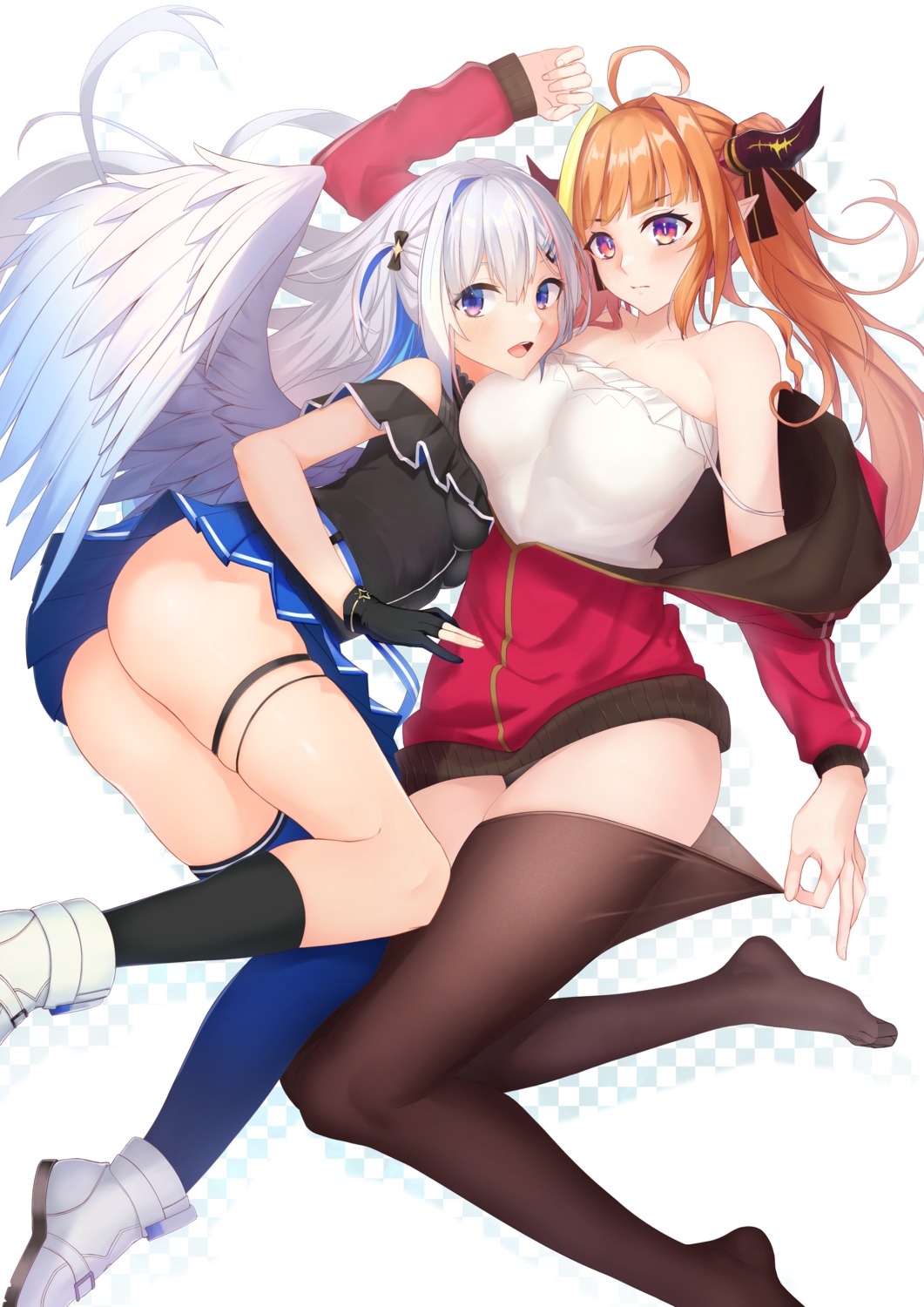 amane_kanata ass garter hololive horns kiryuu_coco nopan pointy_ears sion_owatas skirt_lift thighhighs undressing wings