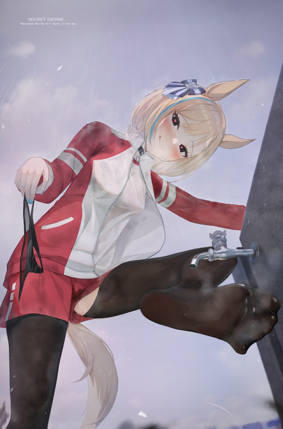 animal_ears erect_nipples feet gym_uniform little_cocon_(umamusume) pantyhose see_through tail torn_clothes uma_musume_pretty_derby ursica wet wet_clothes