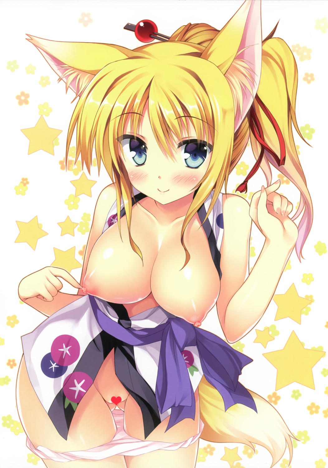 animal_ears breasts censored dog_days kitsune marvelous_grace nipples no_bra panty_pull tail tateha yukikaze_panettone