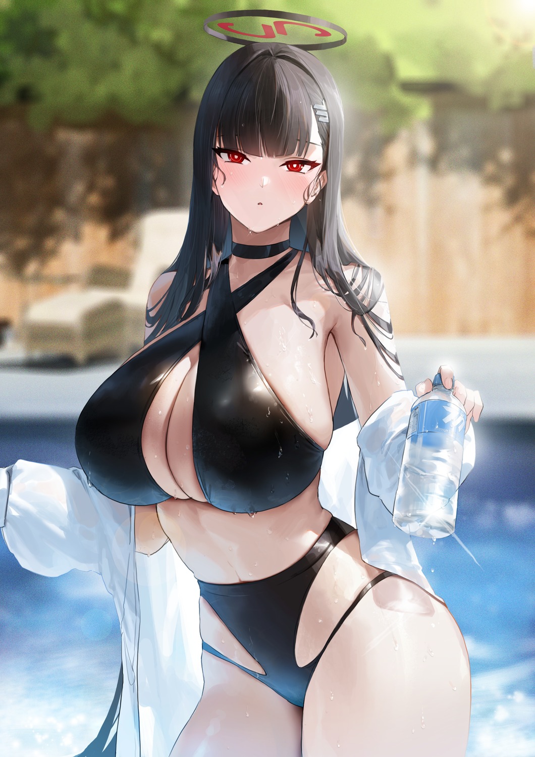 bikini blue_archive chochomi halo open_shirt swimsuits tsukatsuki_rio wet