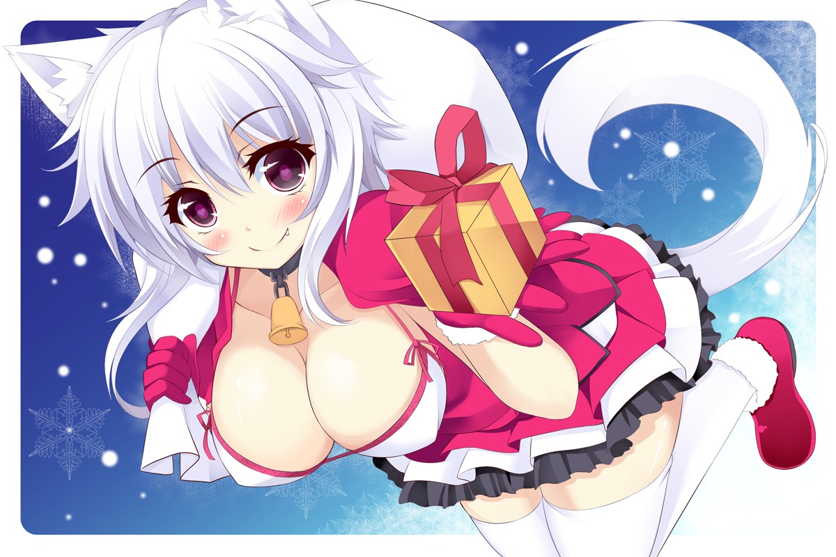 animal_ears bikini_top christmas cleavage erect_nipples nekomimi swimsuits tail thighhighs torisukerabasu