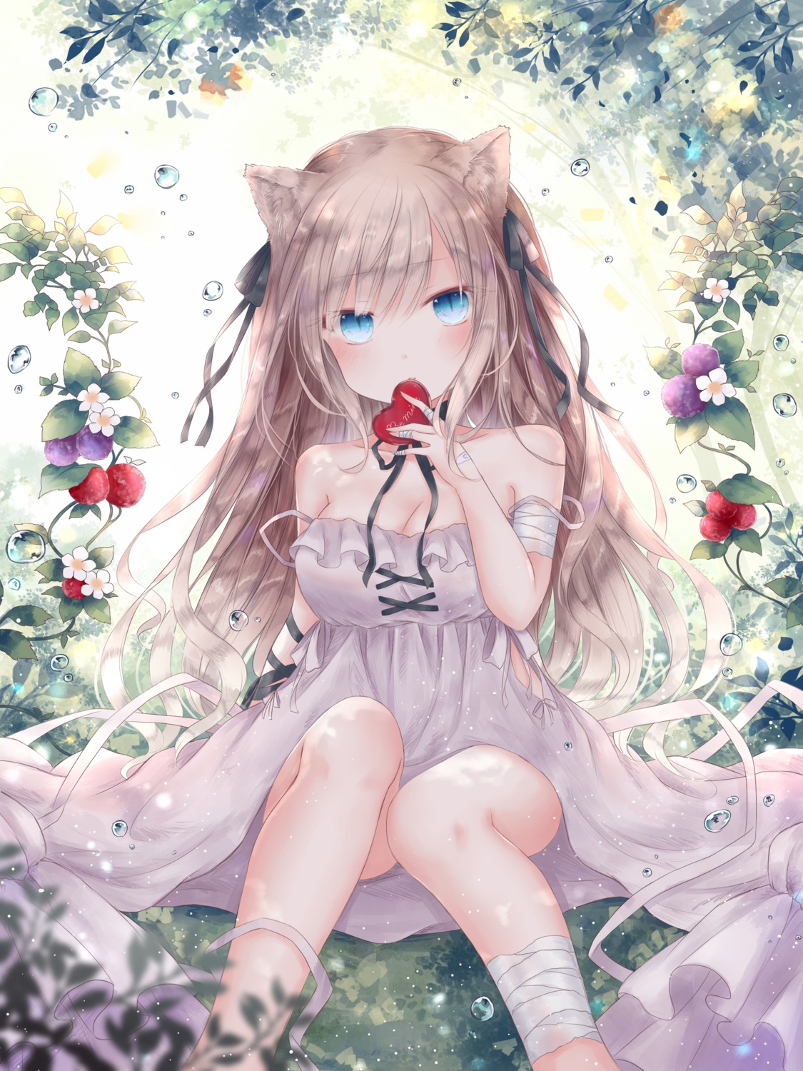 animal_ears bandages cleavage dress nekomimi see_through skirt_lift yenshin