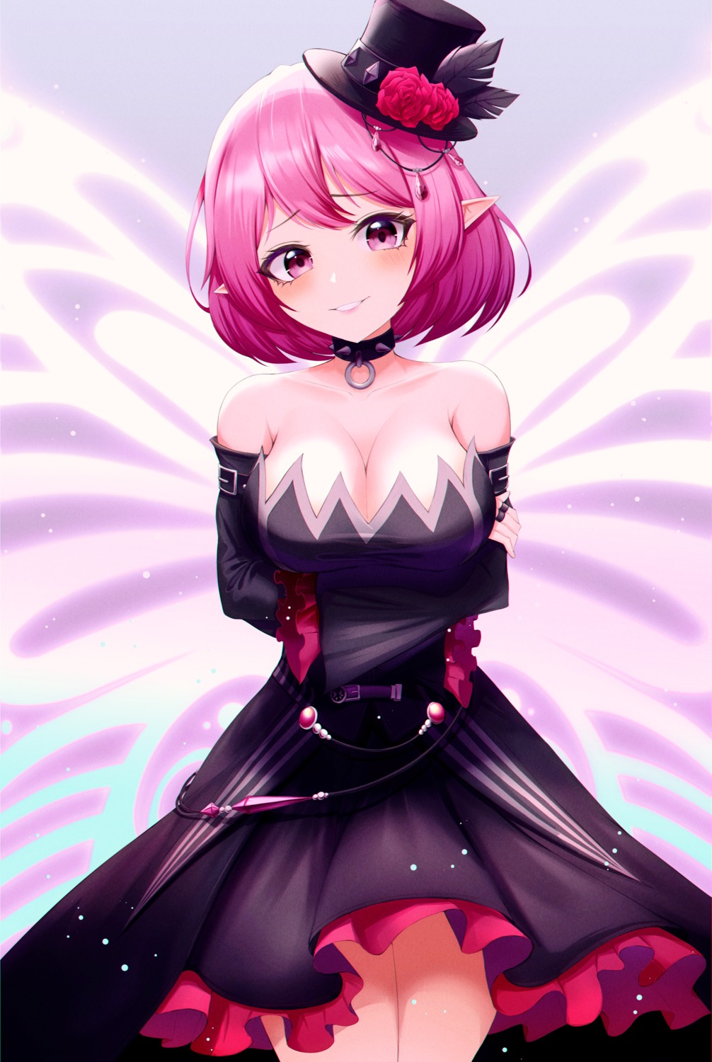 bexercube breast_hold cleavage dress no_bra pointy_ears