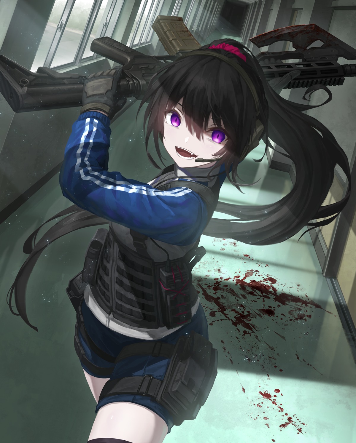 blood garter gun gym_uniform headphones thighhighs tom-neko_(zamudo_akiyuki)