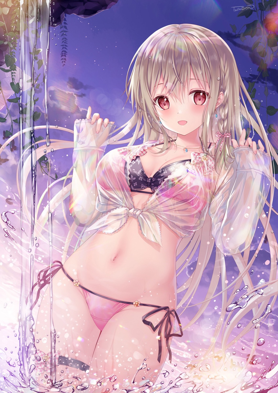 bikini garter maeda_shiori open_shirt see_through swimsuits twinbox twinbox_(circle) twinbox_school wet wet_clothes