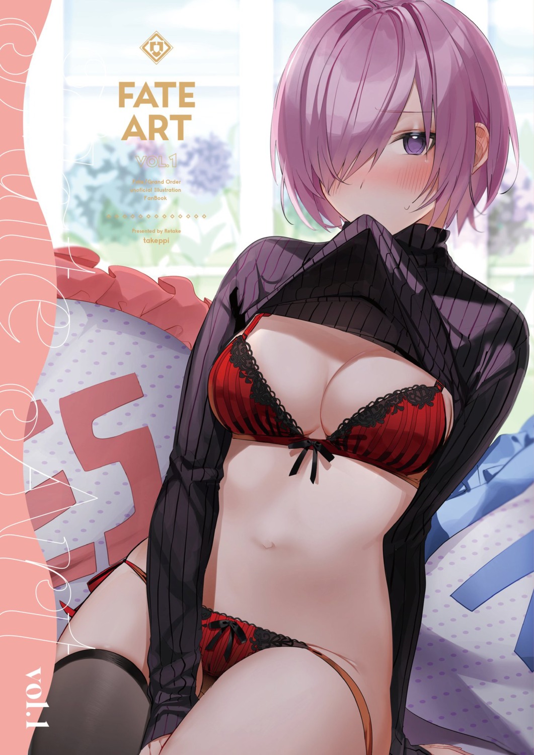 bra fate/grand_order mash_kyrielight pantsu panty_pull shimapan shirt_lift string_panties sweater thighhighs xretakex