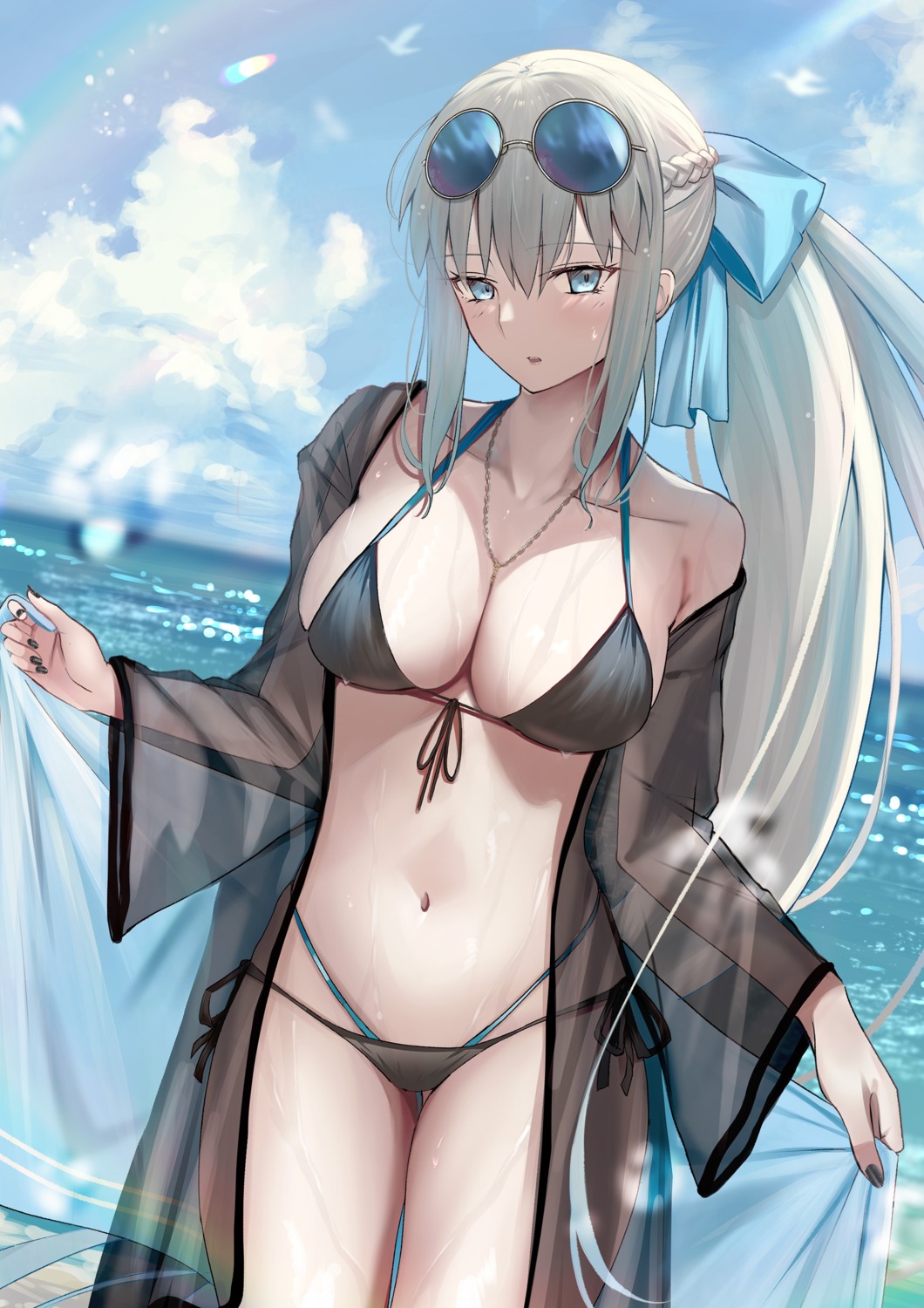 bikini fate/grand_order megane mishiro_(ixtlolton) morgan_le_fay_(fate) open_shirt see_through swimsuits wet