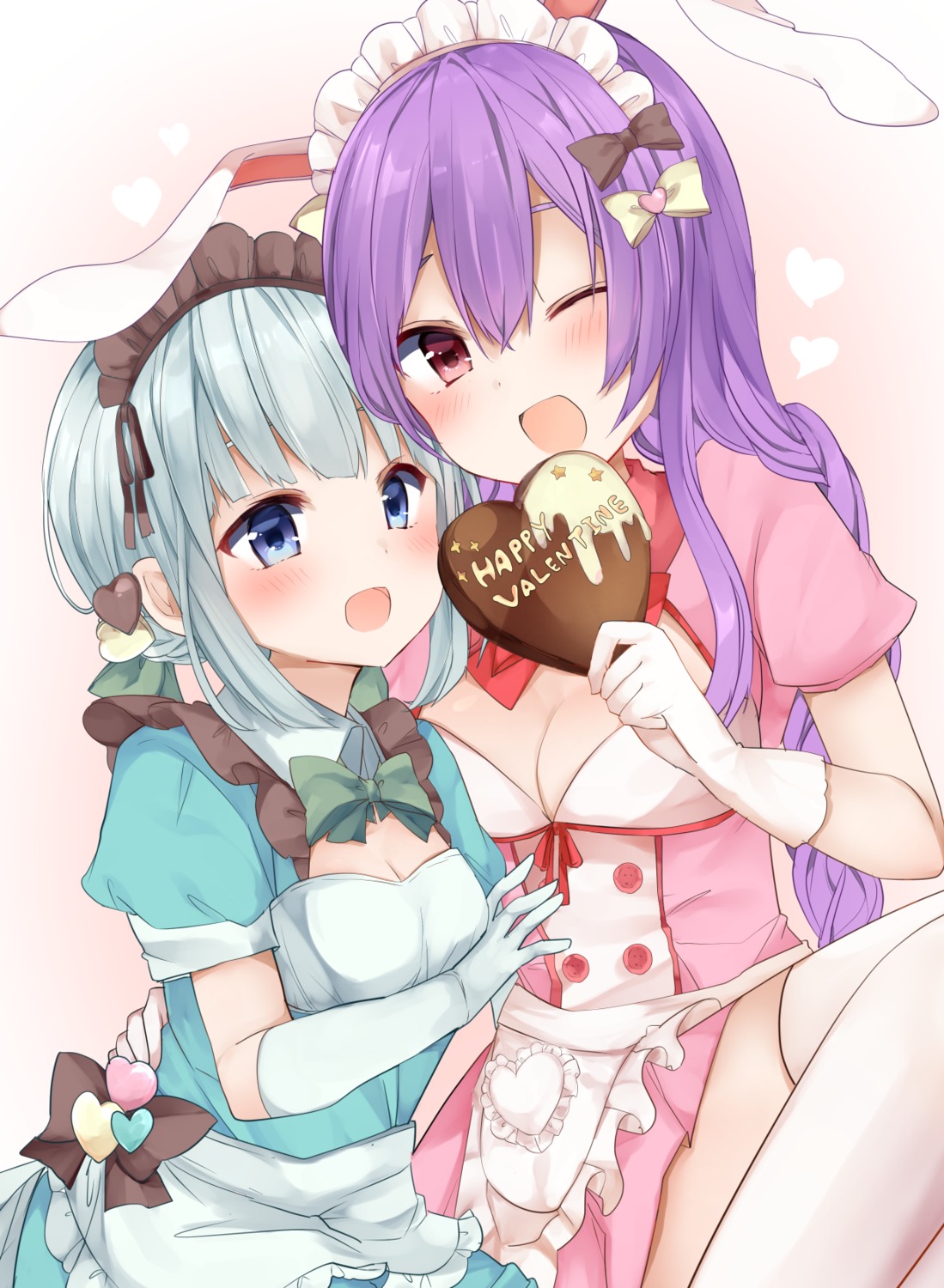 animal_ears bunny_ears cleavage karasusou_nano konpaku_youmu maid reisen_udongein_inaba thighhighs touhou valentine