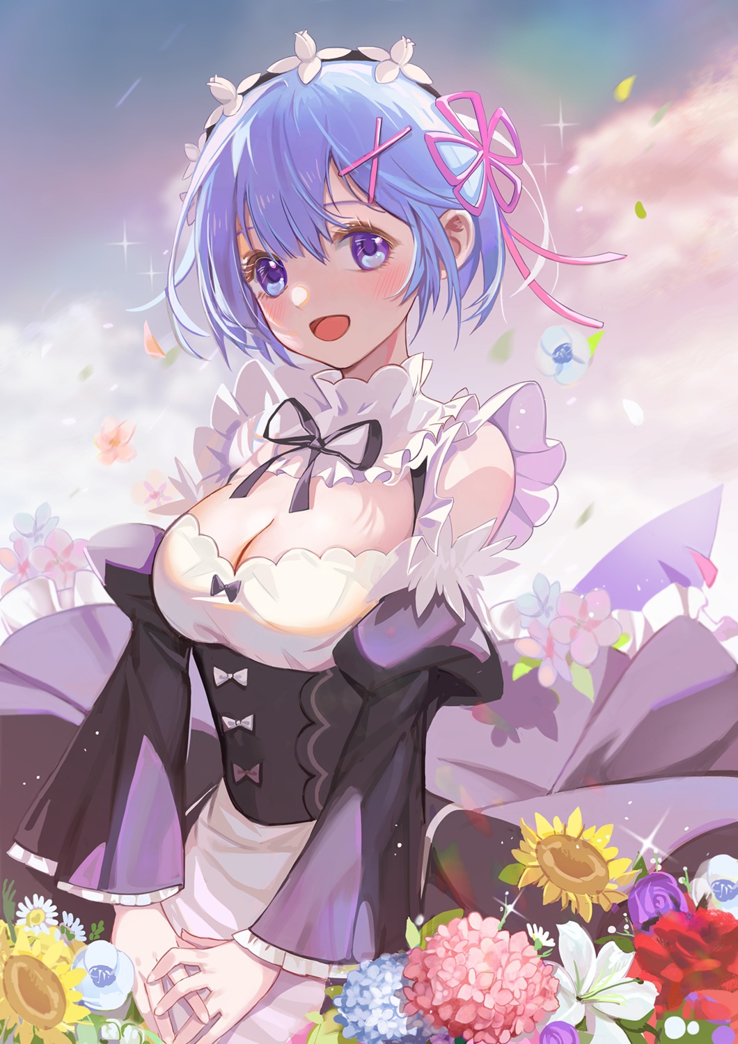 cleavage haitu maid re_zero_kara_hajimeru_isekai_seikatsu rem_(re_zero) skirt_lift