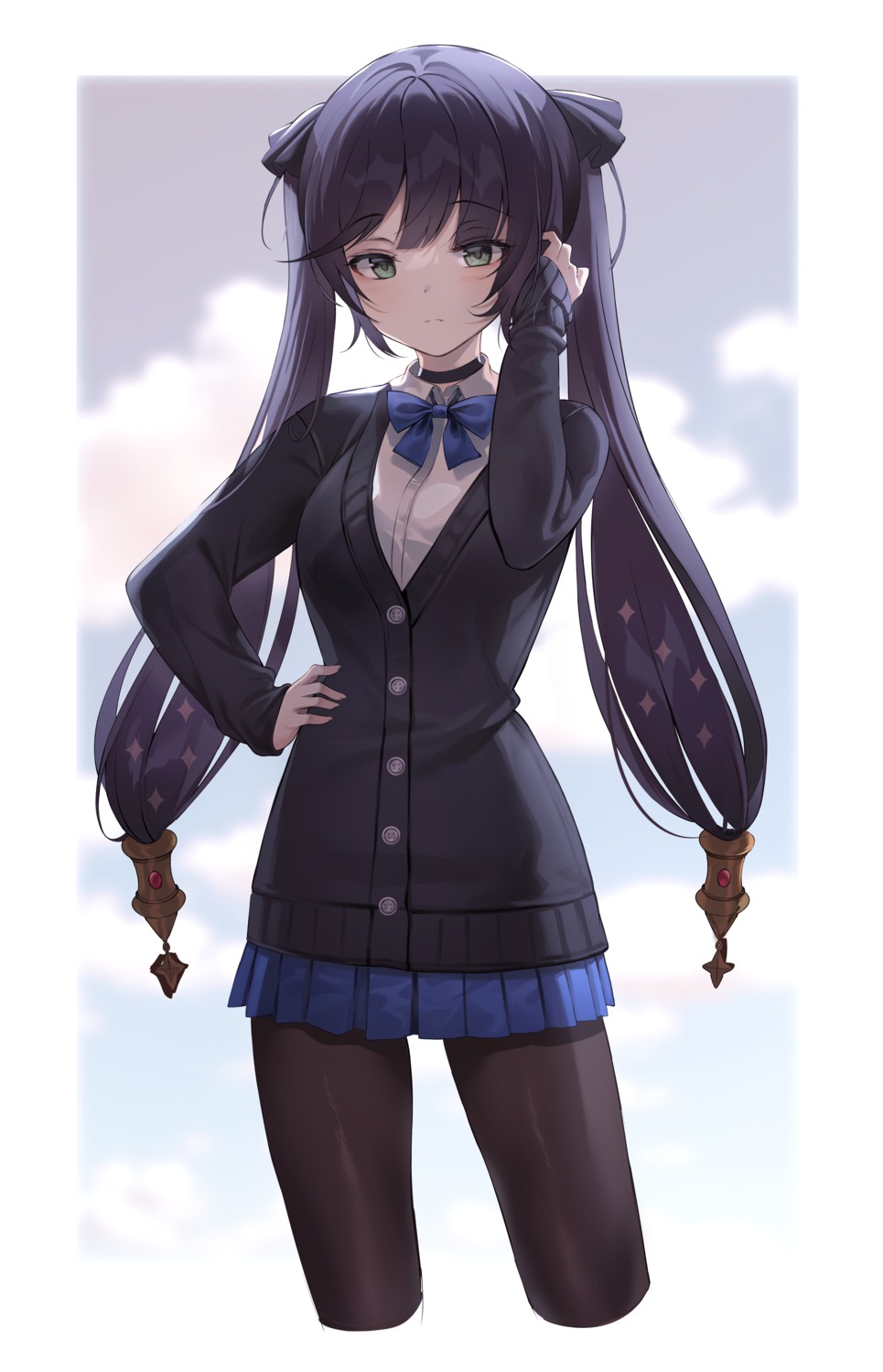 genshin_impact harusame_(user_wawj5773) mona_megistus pantyhose seifuku sweater