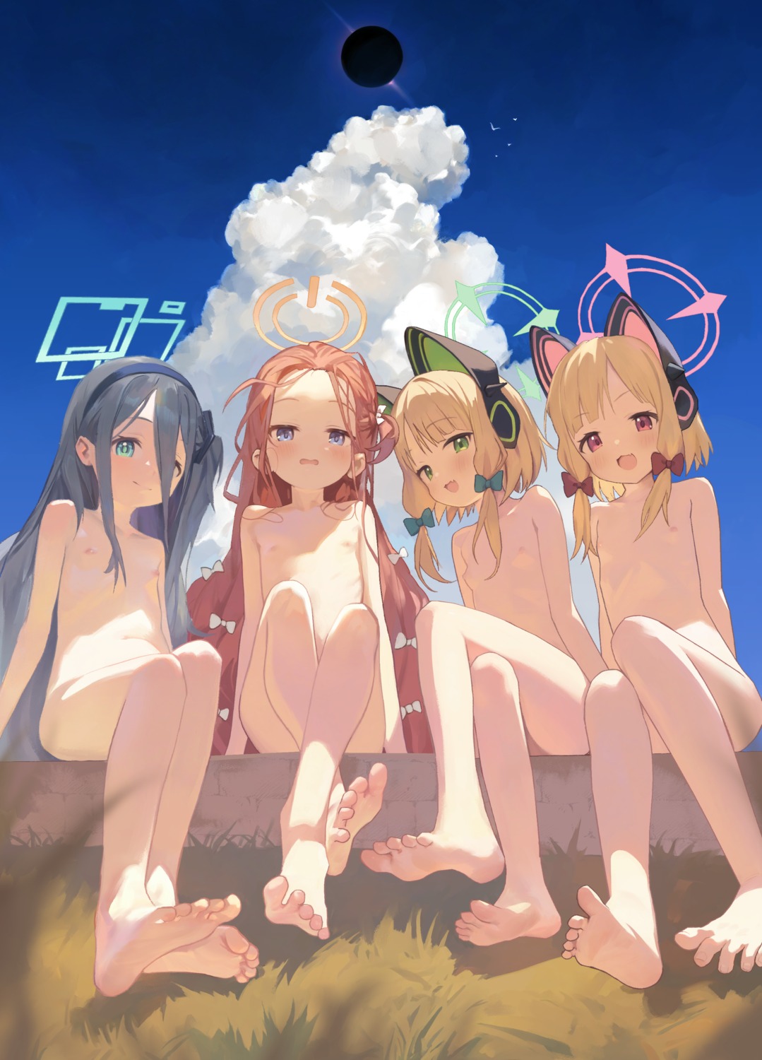 animal_ears blue_archive feet halo hanaoka_yuzu headphones loli naked nekomimi nipples saiba_midori saiba_momoi tendou_arisu youyueyue