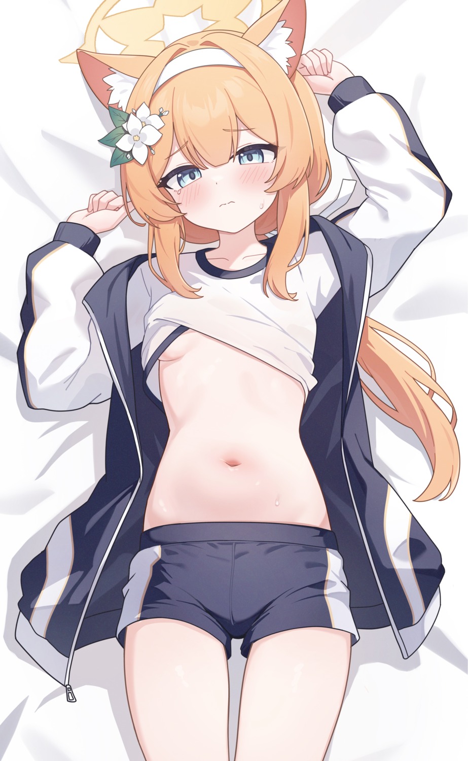 animal_ears blue_archive gym_uniform halo iochi_mari loli nekomimi no_bra nonddu shirt_lift underboob