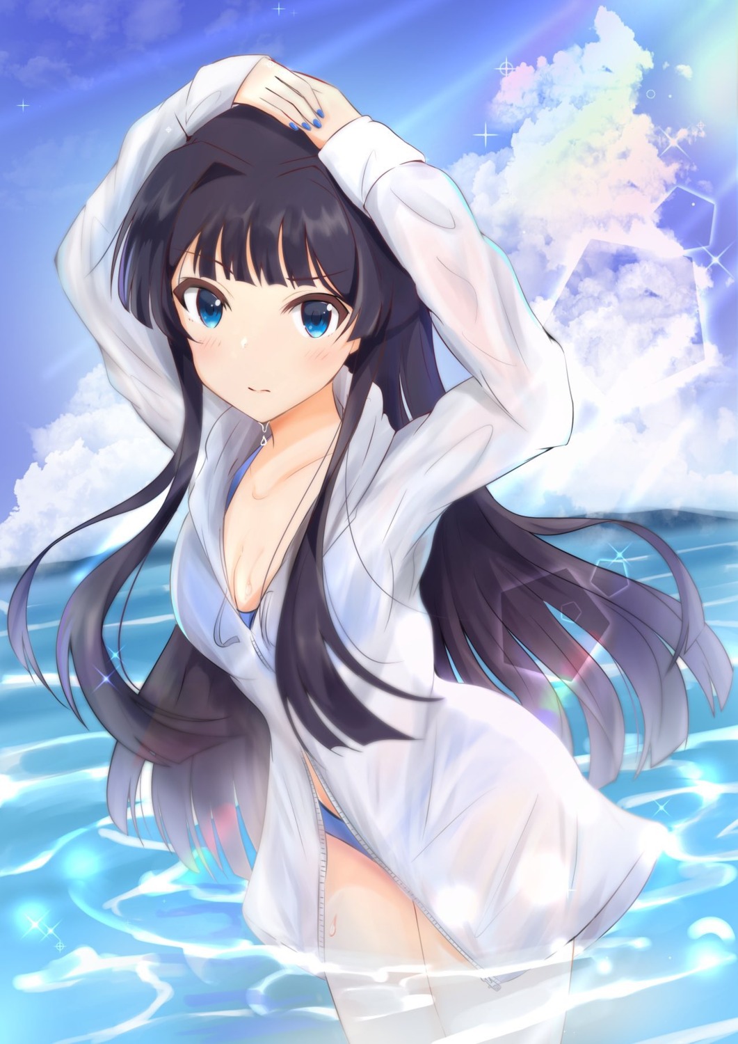 bikini mogami_shizuka open_shirt see_through so_korokoro swimsuits the_idolm@ster the_idolm@ster_million_live! wet wet_clothes