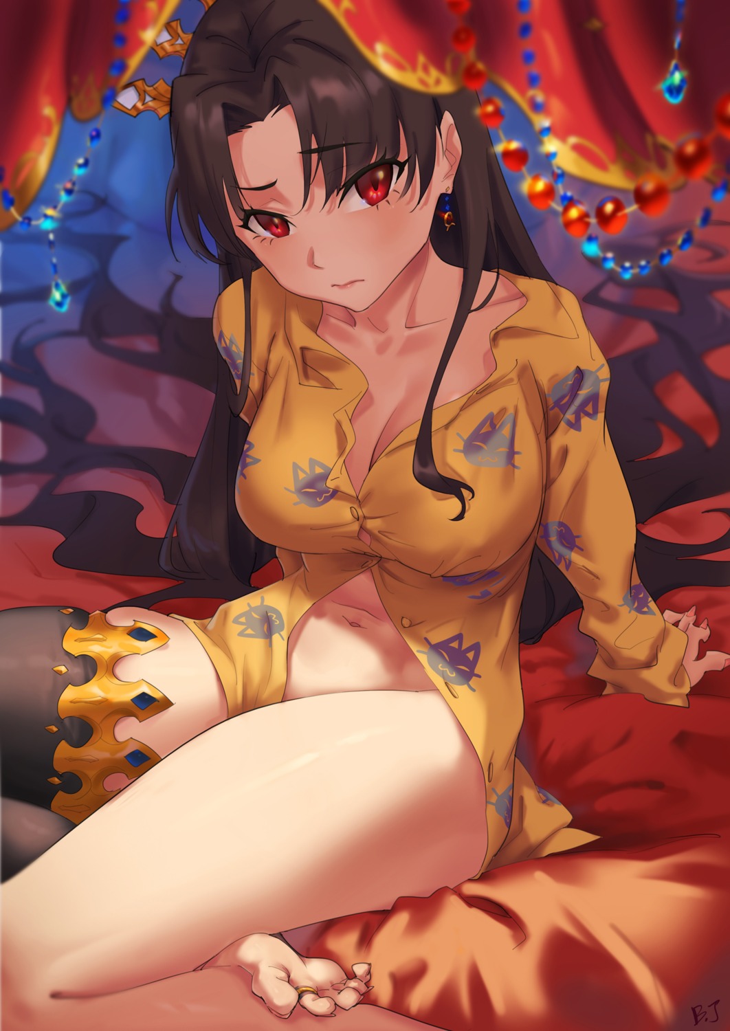 bleemjay bottomless cleavage fate/grand_order ishtar_(fate/grand_order) no_bra open_shirt pajama thighhighs