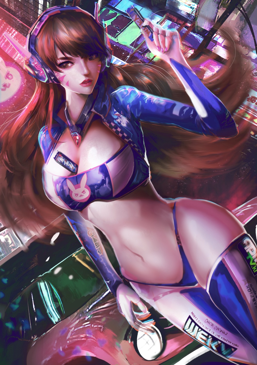 bikini cleavage d.va headphones omegarer open_shirt overwatch swimsuits thighhighs